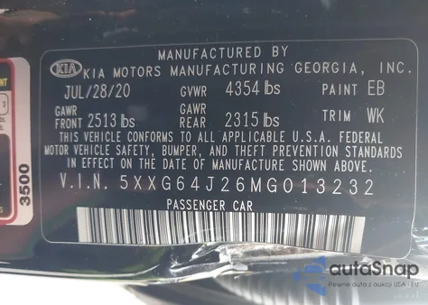 2021 Kia K5 Gt-Line из США, поврежденный, VIN 5XXG64J26MG013232